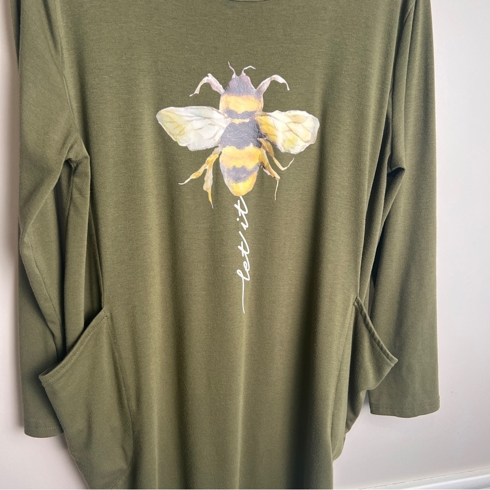 Olive Green Let It Bee Graphic Cotton Shirt Dress Pockets Size M EUC - Picture 3 of 7